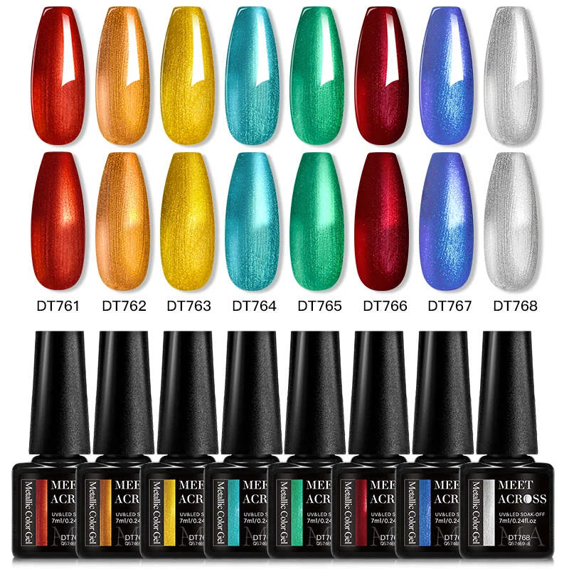 MEET ACROSS 메탈릭 젤 네일 광택제, 베이스 탑 코트 포함, 슈퍼 브라이트 미러 효과 UV 젤 네일 아트 키트, 바니시, 세트 당 12 개, 7ml