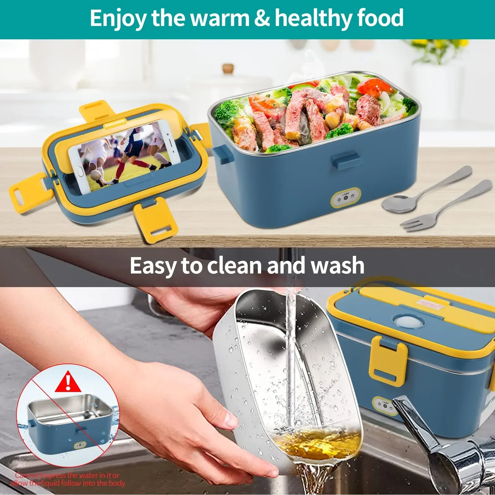 Electric Lunch Box Food Warmer - Portable Food Heater for Car & Home - Leak Proof, Lunch Heating Stainless Steel Container 1.8L