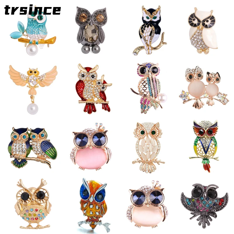 trsince Fashion Delicate Crystal Enamel Owl Brooches Trendy Vintage Brooch Badge Pin for Women Men Coat Badges Brooch Pin Gifts