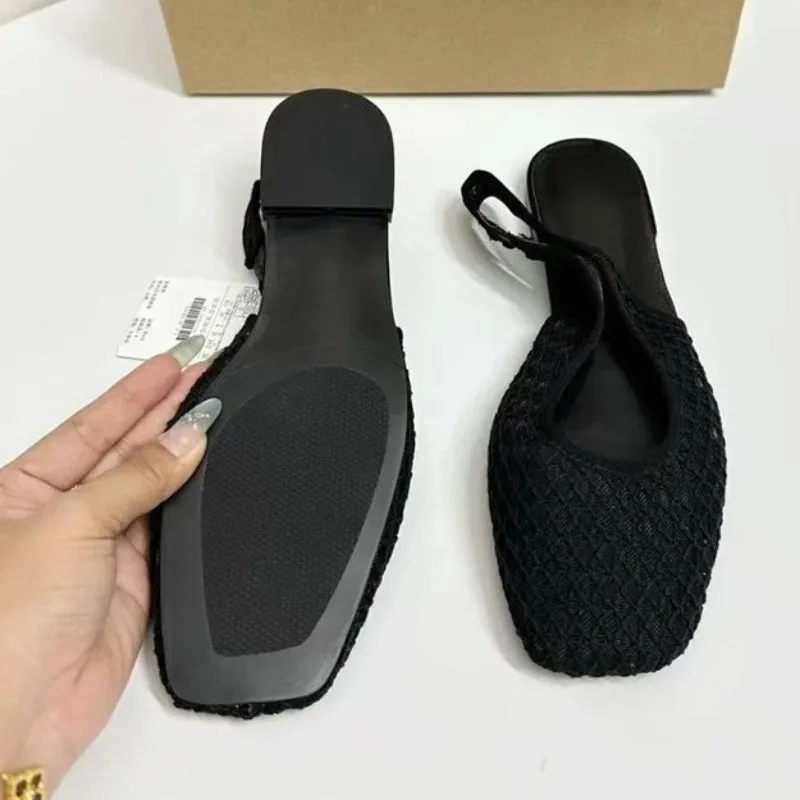 Summer Breathable Weave Mesh Flat Women Sandals Casual Square Toe Slingback Beach Hollow Out Footwear For Lady Shoes_vogvips.com
