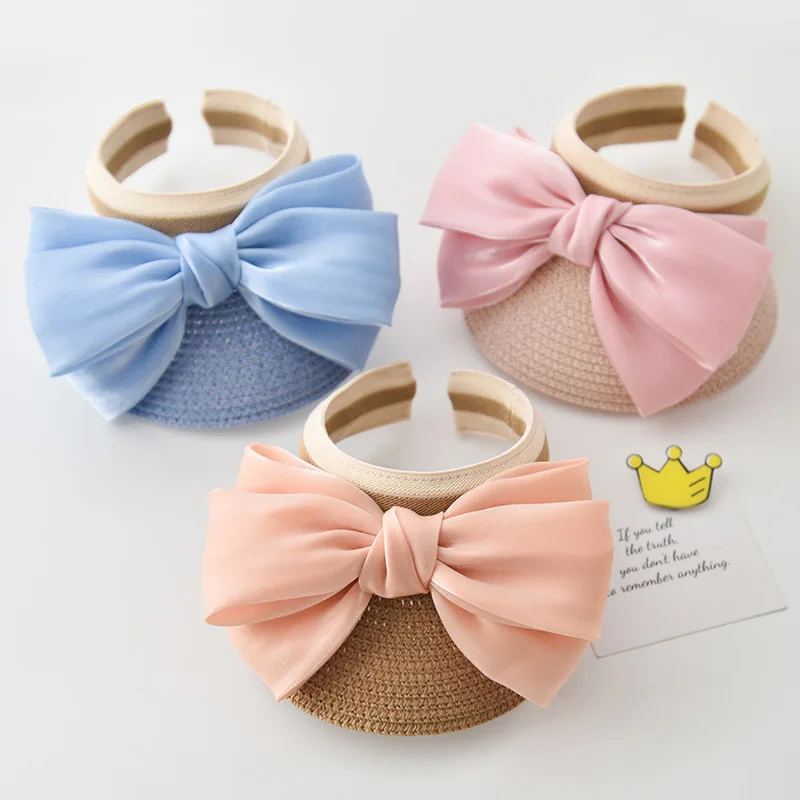 Fashion Ribbon Big Bow Kids Summer Empty Top Casual Sun Hat Outdoor Travel Beach Straw Caps Holiday Girls Wide Brim Visor Cap