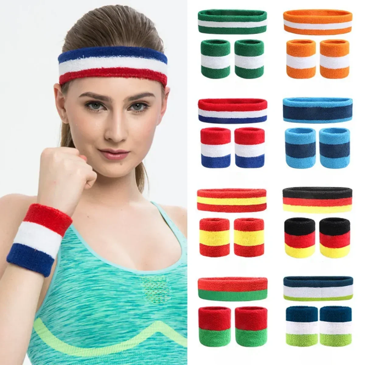 3pcs/set Sports Headband Men Women Stretch Elastic Outdoor Sports Sweatband Cotton Wristband Fitness Gym Running Tennis Headwrap