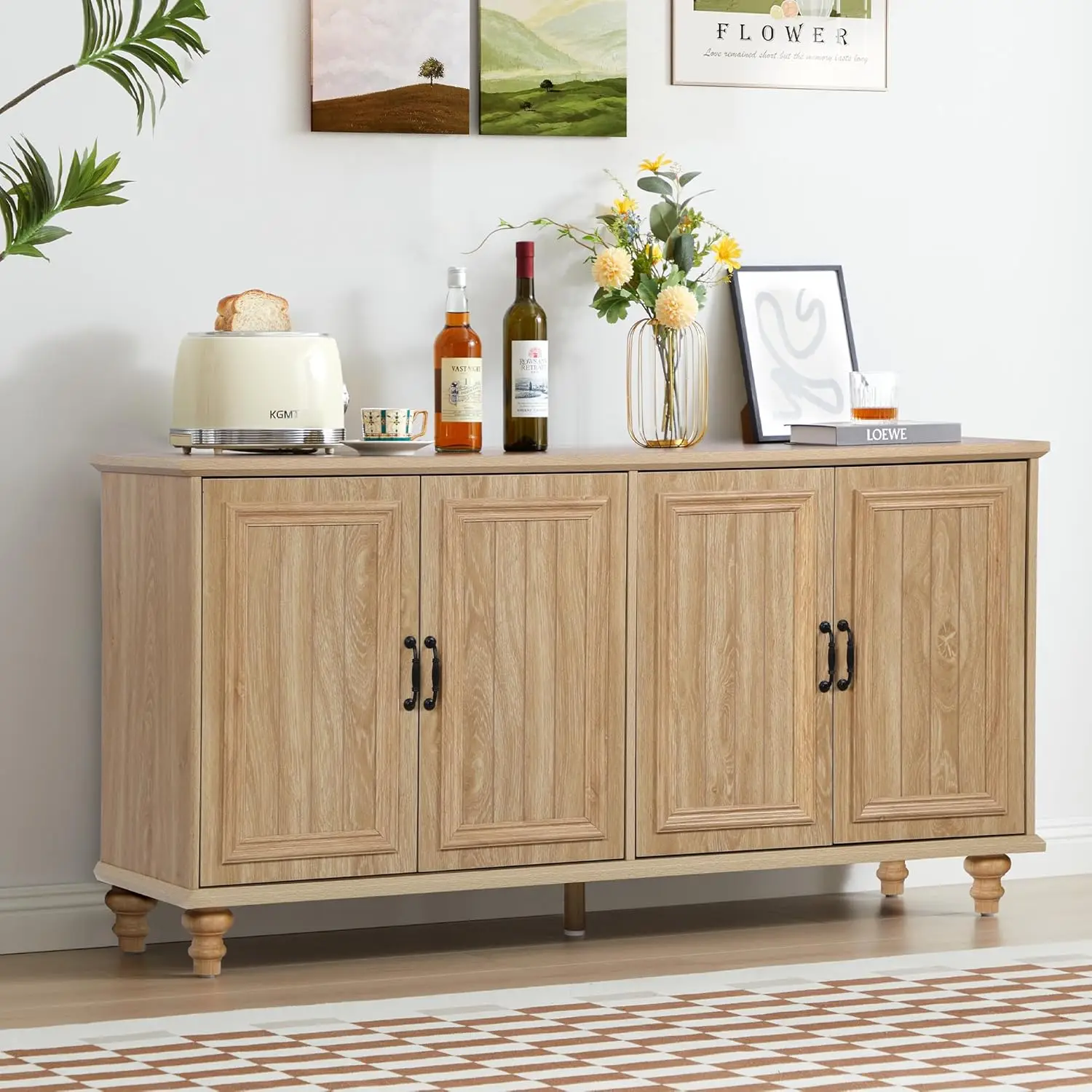 

Буфет-комод 59 дюймов с местом для хранения, большой ретро-шкаф с 4 дверцами и регулируемыми полками, деревянный, прямоугольный, на заказ