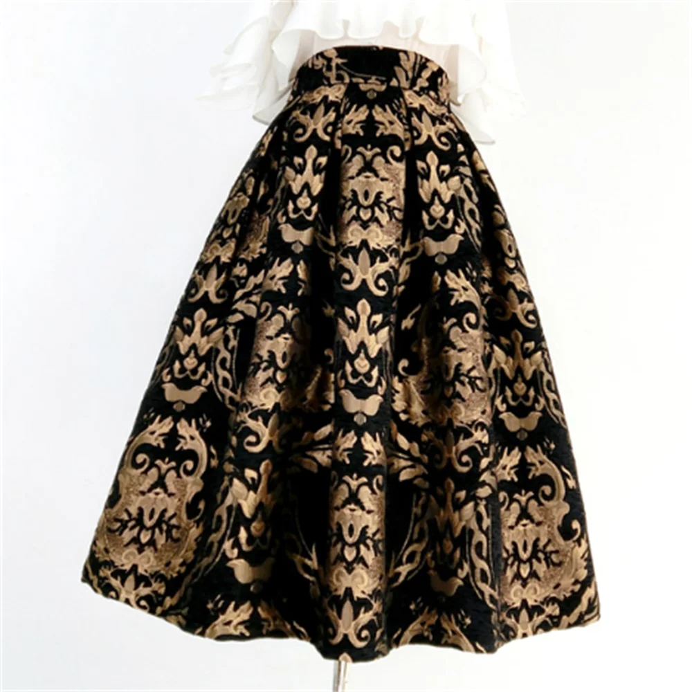 

Autumn and winter new vintage embroidered elegant skirt high waist pockets a line Umbrella skirt women