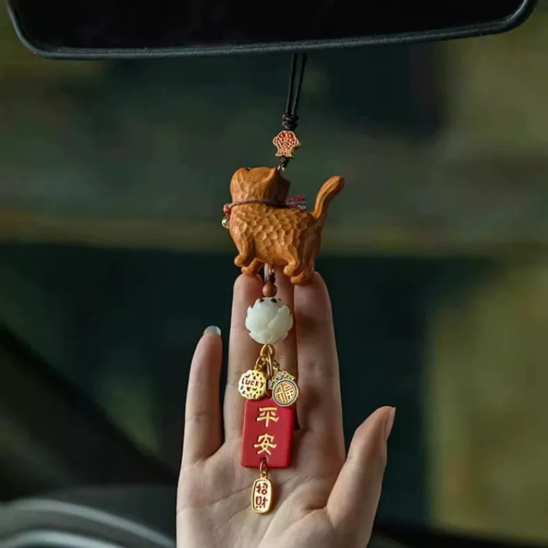 Wood Carving Cute Cat Safety-Blessing Card Automobile Hanging Ornament High-Grade Girl Lotus Rearview Mirror Ornamen Safe Chamrs