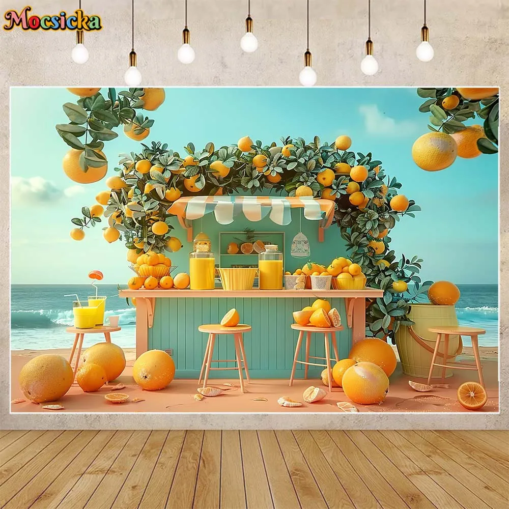 Mocsicka-خلفيات شاطئ صيفية للتصوير الفوتوغرافي ، متجر العصير ، فاكهة البرتقال ، ديكور الحفلات ، خلفية صورة الطفل ، مستلزمات استوديو الصور
