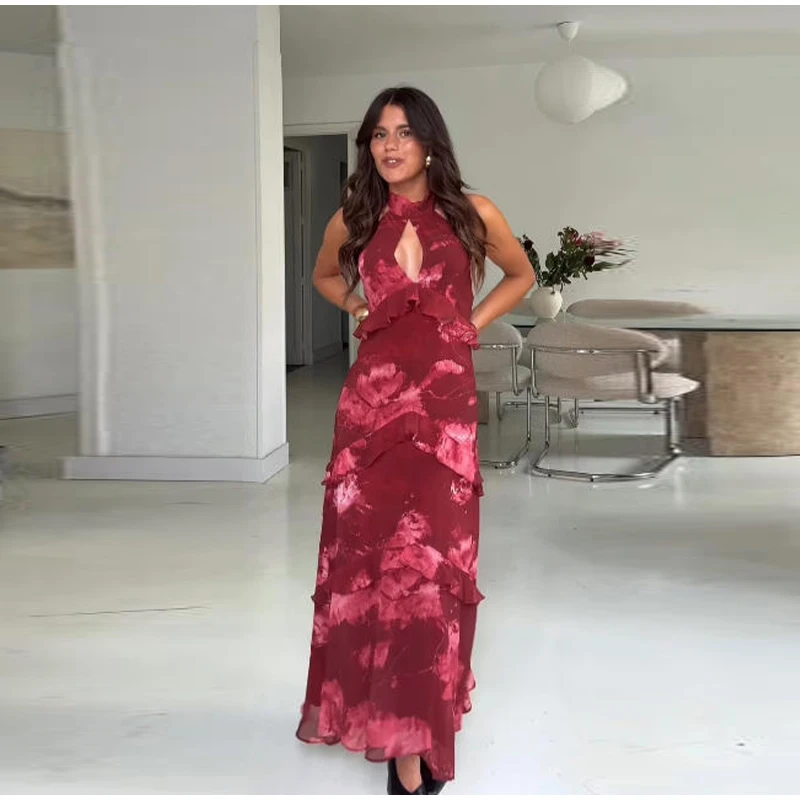 Damen Patchwork Trägerloses Maxikleid Ärmellos mit Rüschensaum und Schal Schnürkleider 2026 Sommer Elegantes Abendkleid für Damen – Detail 28
