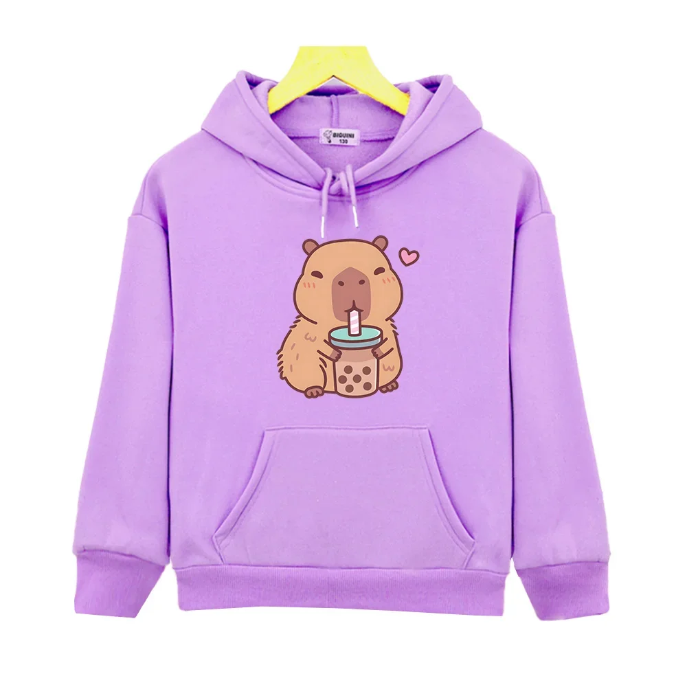 

Capybara Loves Drinking Bubble Tea Hoodies Casual Children Long Sleeve Sweatshirts Boys Girls Clothing Kawaii Graphic Print Tops