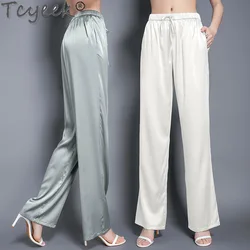 Tcyeek Real Mulberry Silk Summer Pants High Waist Wide Leg Pants Casual Woman Trousers Thin Long Pants for Women Clothes Fashion