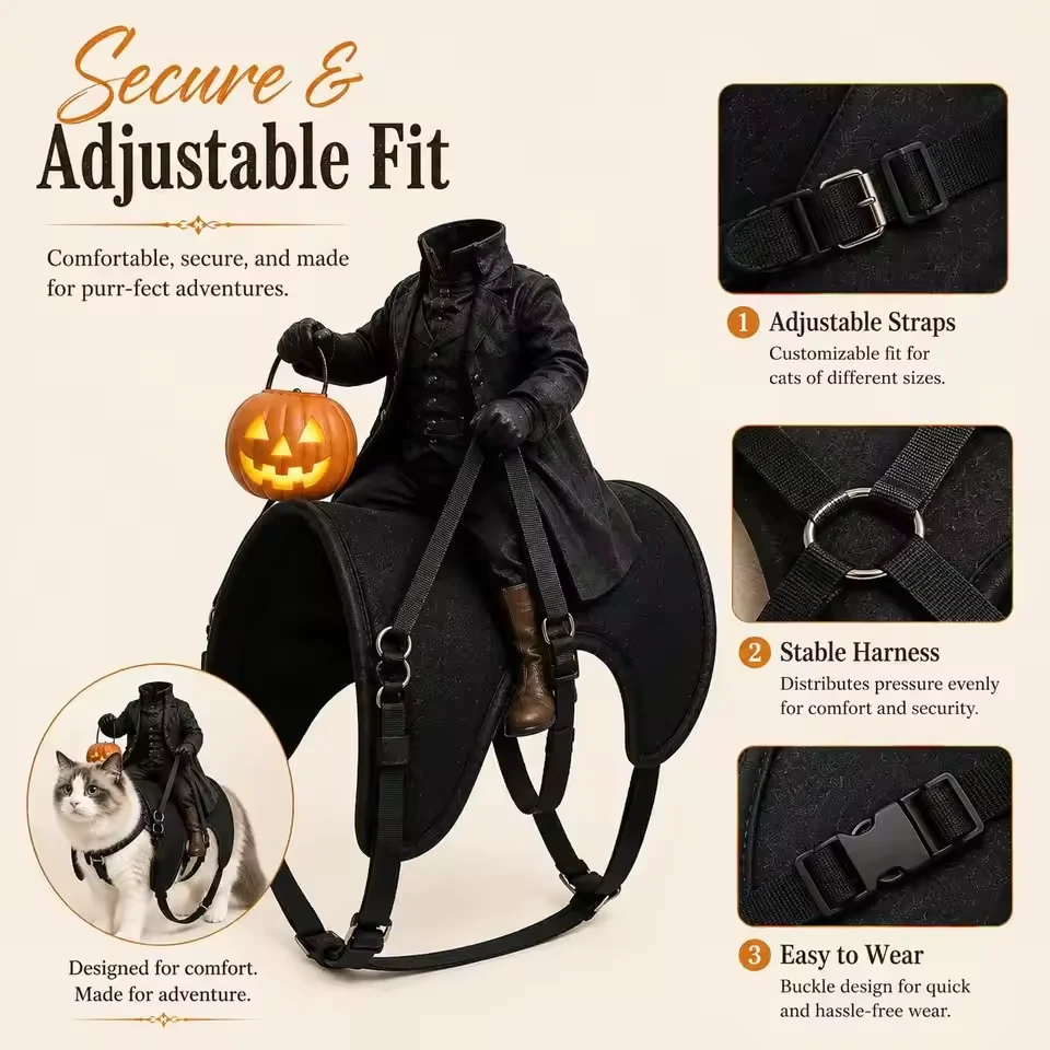 Cat wearing a headless horseman rider costume harness