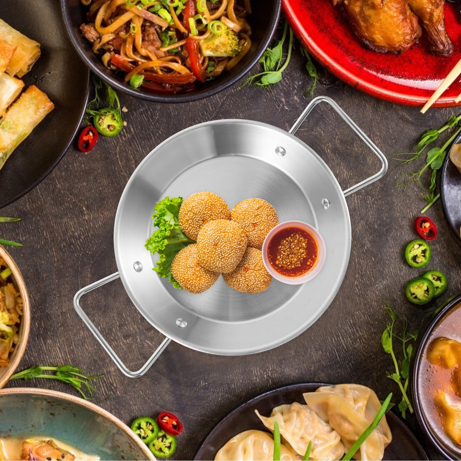 Taca na owoce i przekąski ze stali nierdzewnej z uchwytem, metalowa taca do serwowania ciast, owoców, na bufet, imprezę, gadżet kuchenny, dekoracyjna.