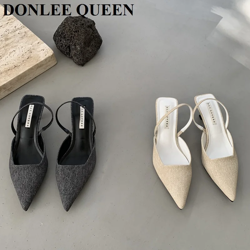 Fashion Brand Slingback Sandals Women Med Heels Pumps Elegant Pointed Toe Female Mules Dress Slides Sandalias Mujer Verano Mujer