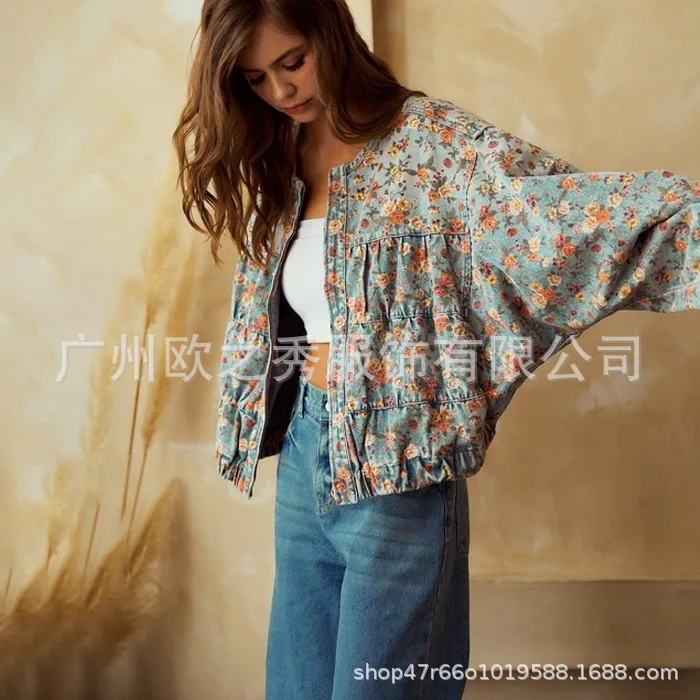 

Весенне-осенняя джинсовая куртка в стиле ретро с цветочным принтом, женская свободная верхняя одежда с круглым вырезом и рукавами «летучая мышь» с эластичной завязкой на талии