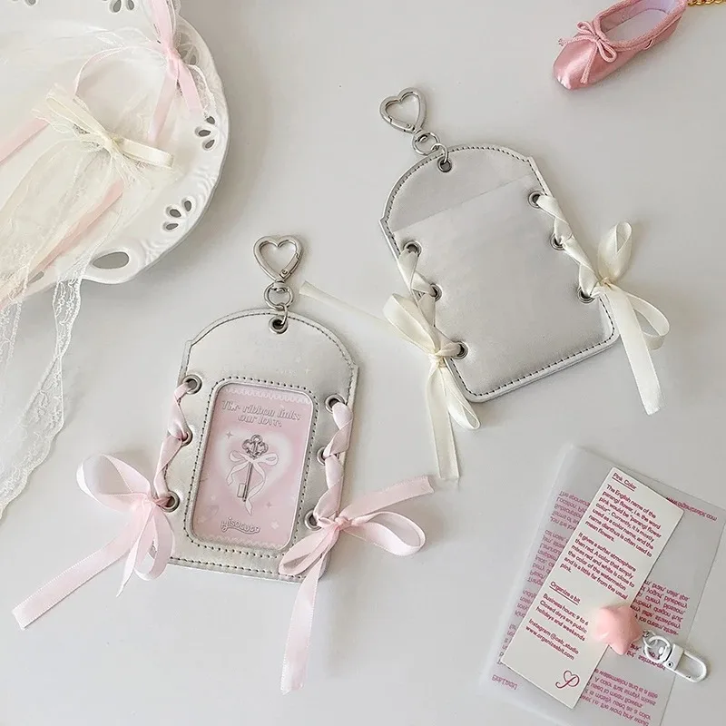 Lace Kpop Photocard Holder INS Style Silver PU Transparent Student ID Card Cover Case with Keychains DIY Bow Ribbon Decor