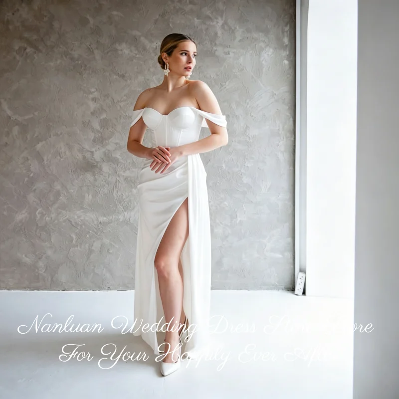 26 Styles Matte Satin Bridal Gown Strapless Fold Over Shoulder Side Ruched High Split Vestidos de Novia Customized