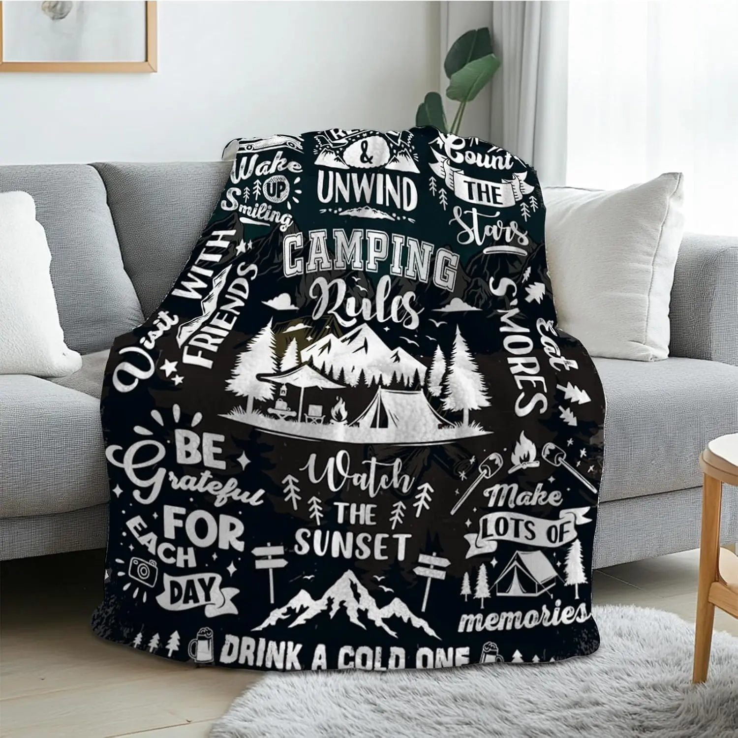 130x150cm Flannel Home Thermal Blanket RV Campground Travel Black and White Printed Blanket Office Dormitory Lunch Break Blanket