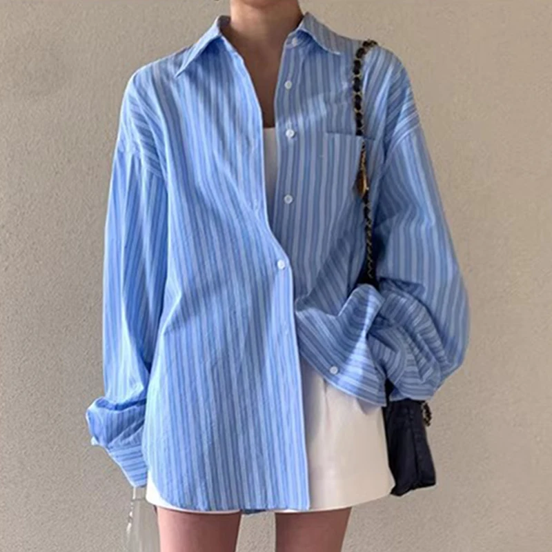 SuperAen 2024 Korean Chic Spring Vintage Lapel Loose Casual Pocket Long Sleeve Striped Shirt