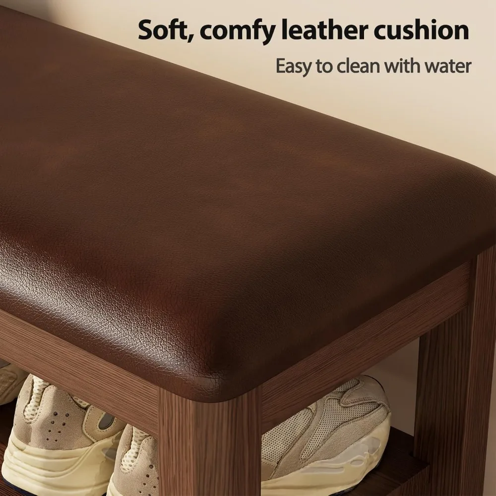 مقعد تخزين الأحذية من الخشب الصلب بارتفاع قابل للتعديل مع وسادة للمدخل وغرفة النوم والممر بلمسة نهائية من خشب الجوز