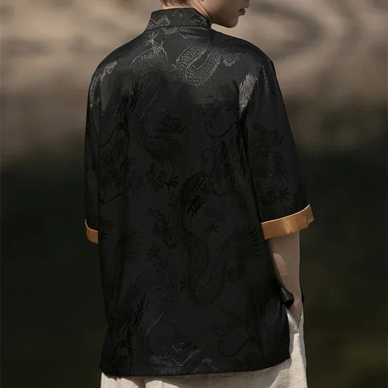 High Quality Summer Chinese Traditional Dress Dragon Embroidery Shirt Men Clothing Ice Silk Half Sleeve Vintage Tops Plus Size