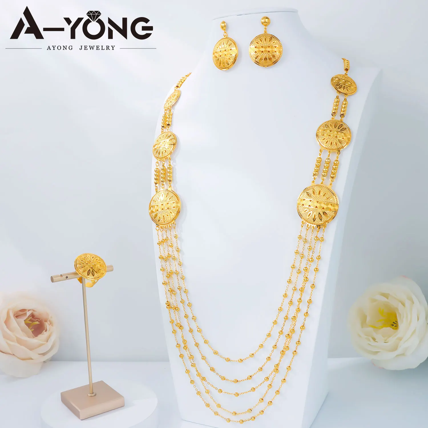 Ethiopian Gold Color Tassel Jewelry Set Nigeria Bridal Wedding Necklace Ring Earrings Dubai Women Banquet Party Jewelrys