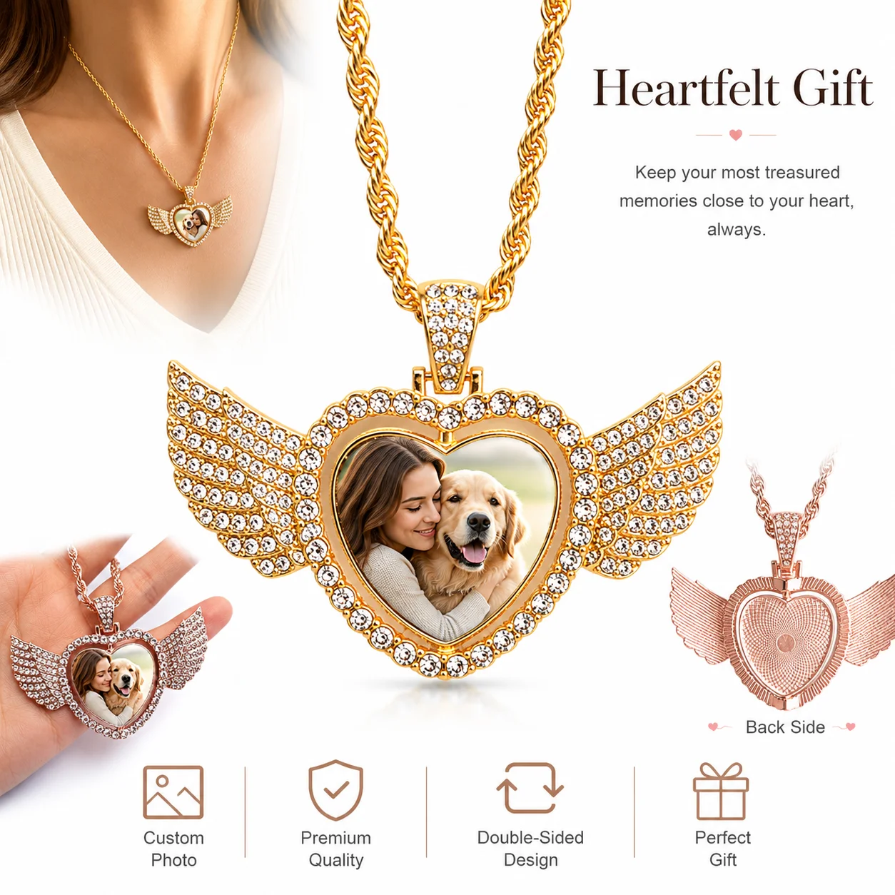 Custom 2-Sided Angel Wing Heart Photo Necklace, Personalized Gift