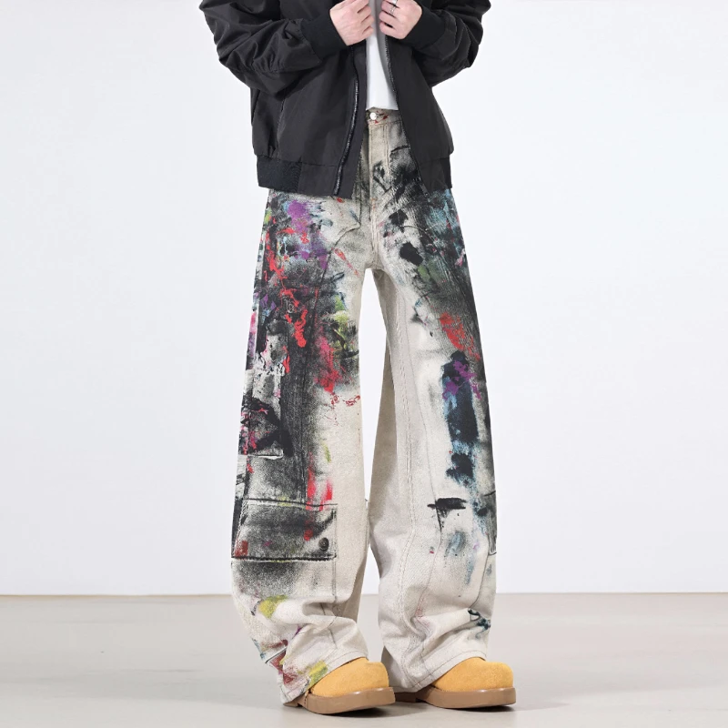 Fashion Splicing Graffiti Jeans New Autumn Winter American Street Loose Wide Leg Denim Trousers Concert Hip Hop Versatile Pants