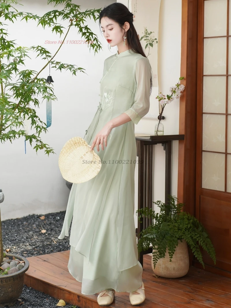 2025 فيتنام فستان عتيق مطرز بالزهور الوطنية فستان تشيباو الشيفون + فستان أطفال مع سروال داخلي ريترو أوداي أنيق فستان مأدبة شرقية