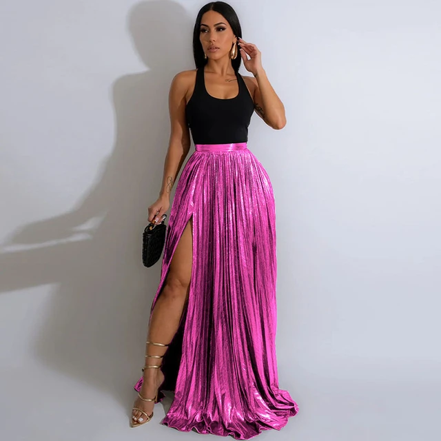 2024 Metallic Maxi Skirts for Women Y2K High Waist Split Pleated A line Long Skirt Clubwear Party Night Prom Jupe Longues Femme AliExpress