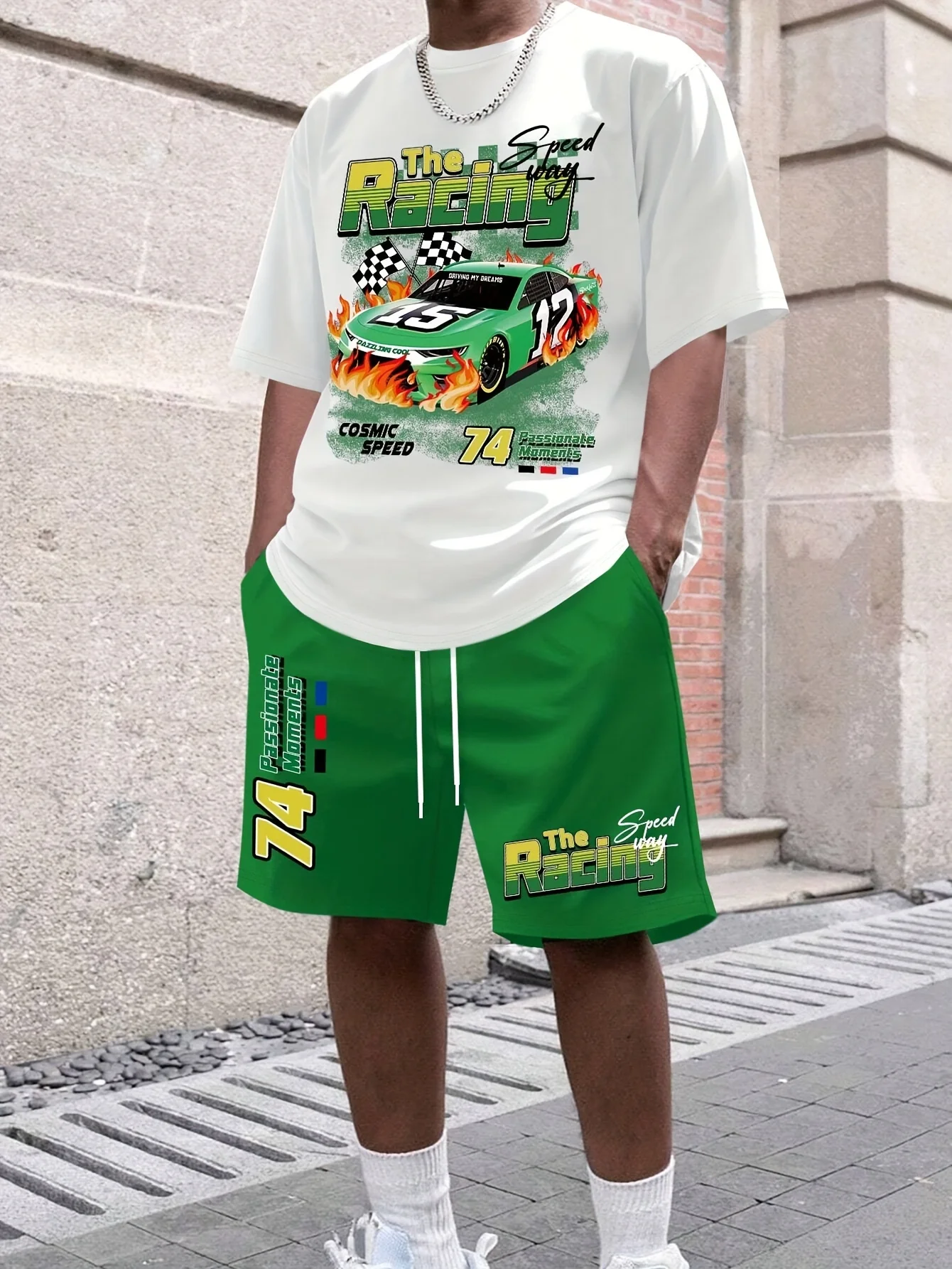 

Summer 2025 new men's set with car print pattern urban street trend men's outdoor set