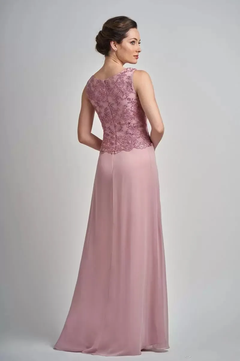 Moderno blush rosa mãe da noiva vestido jewel neck sem mangas apliques duas peças chiffon casamento convidado dresss chão comprimento