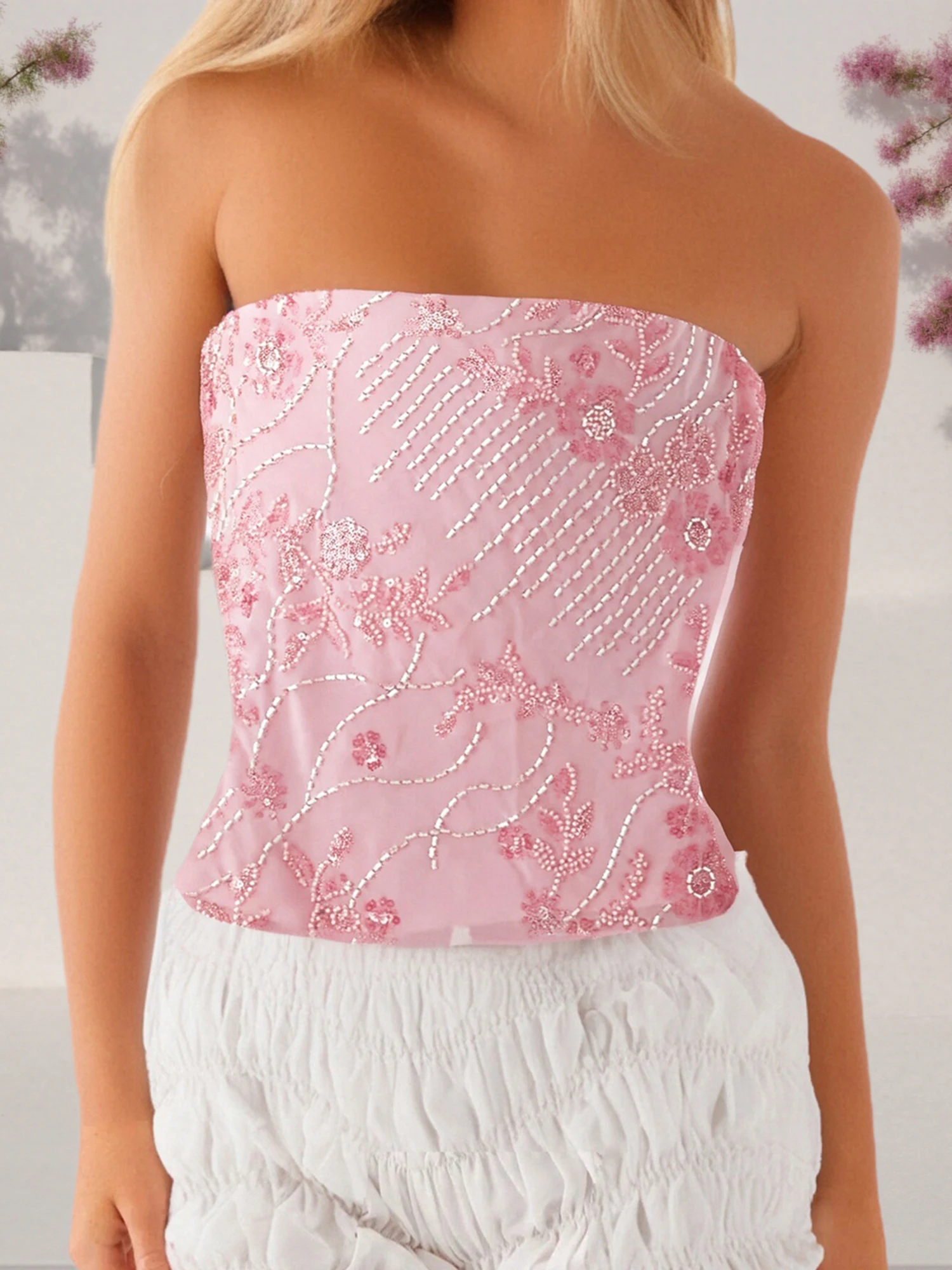 Haut court à paillettes scintillantes pour femmes, épaules dénudées, sans bretelles, sans manches, chemises Bandeau de fête, bustiers floraux pour l'été