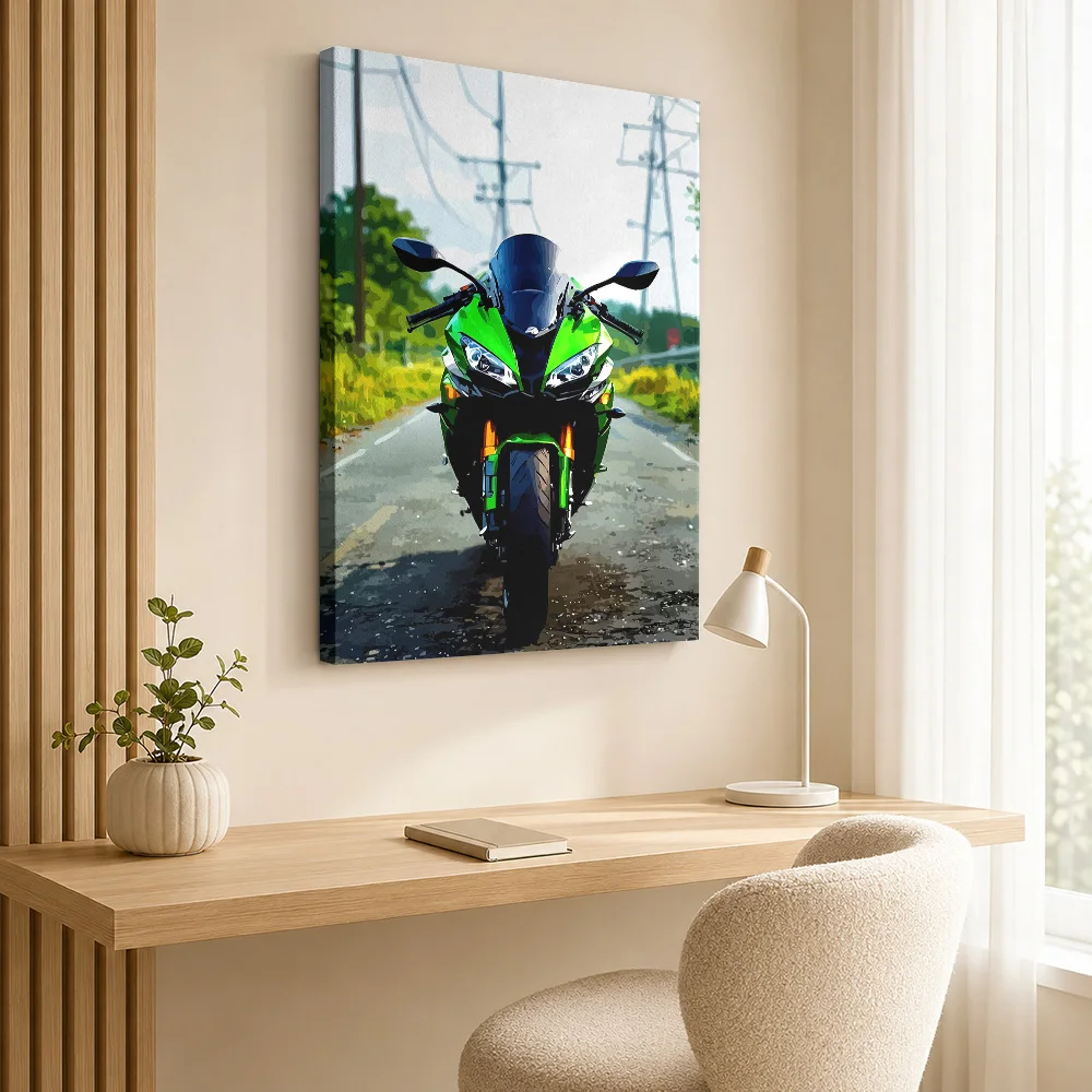 Green Motorcycle On Country Road Canvas Poster Personalized Photo Clean Lines With Detailed Shading Wall Art For Biker Lounge