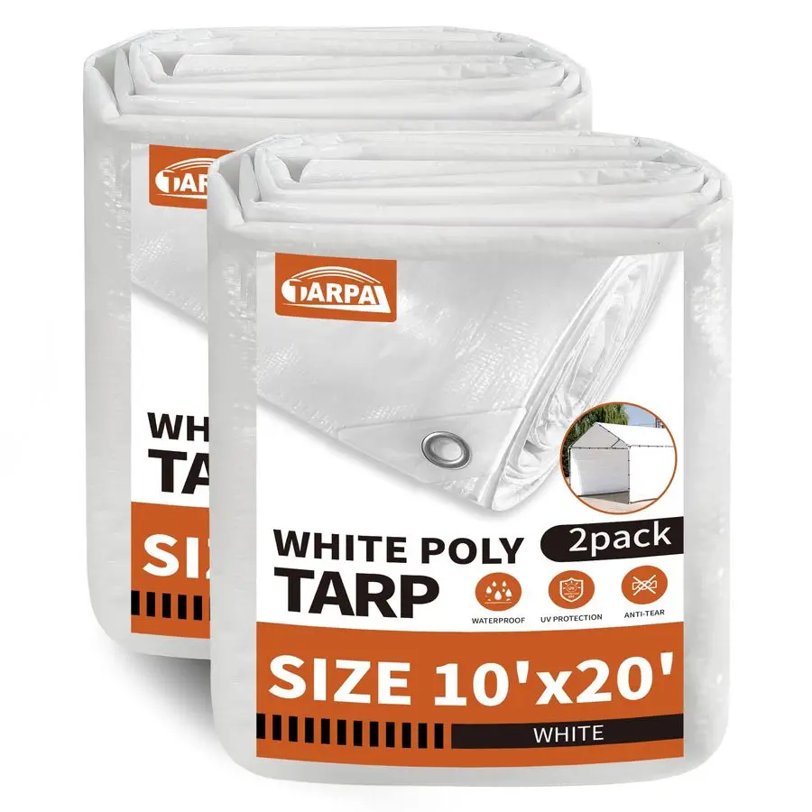 

10x20 2Pack White Tarp Waterproof 7.5 mil Medium Duty All Purpose Poly Tarps Cover Waterproof,Snow Proof UV Protection,Rip and T