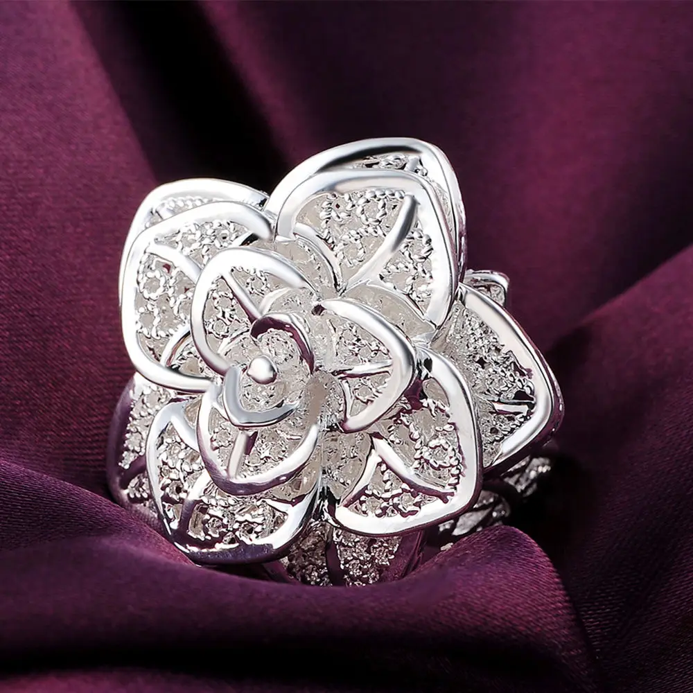 New trendy Versatile Jewelry 925 Sterling Silver custom big flower Rings For Women adjustable Fashion Party Wedding Accessories