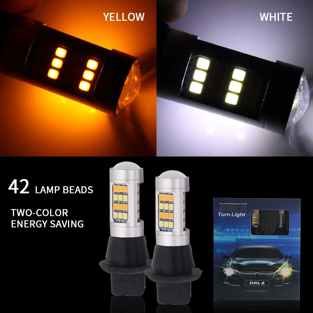 2PCS 1156 BA15S P21W BAU15S PY21W 7440 W21W T20 Canbus No Error 2835 42SMD Dual Mode 2 in 1 Car DRL Turn Signal Lamp White Amber
