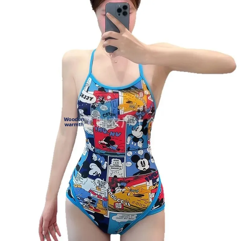 

New Cartoon Professional Racing Style Swimming Suit Women's Training One-Piece Swimsuit Backless Design Small Chest Girl