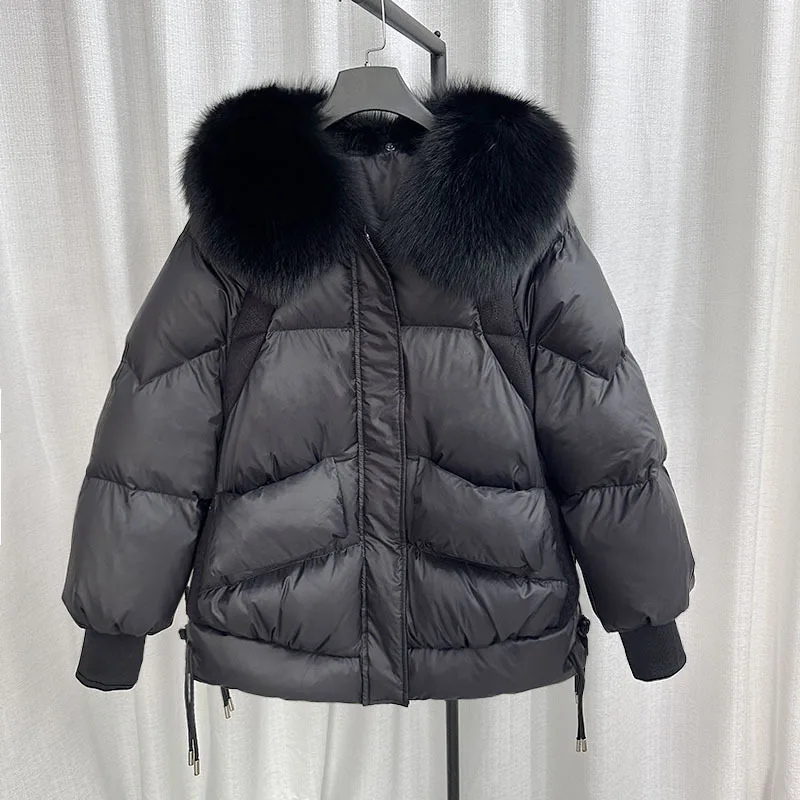 Winter New White Duck Down Jacket for Women with Large Fur Collar Warmth  Loose Fitting White Duck Down Coat Women Parkas