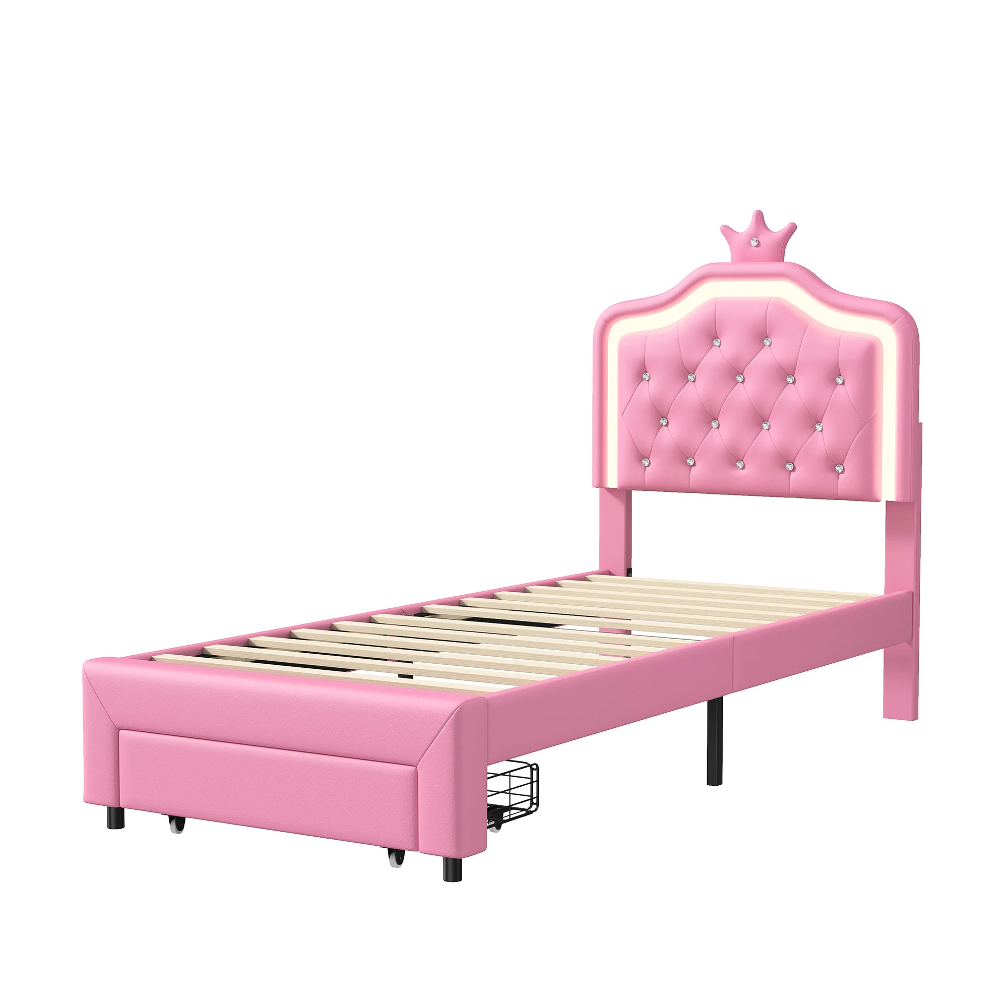 Kinderbed 90x200/140x200cm met LED-verlichting, gestoffeerd bed voor meisjes, hoofdeinde met kroon en lade-opbergruimte, verstelbaar hoofdeinde - afbeelding 2