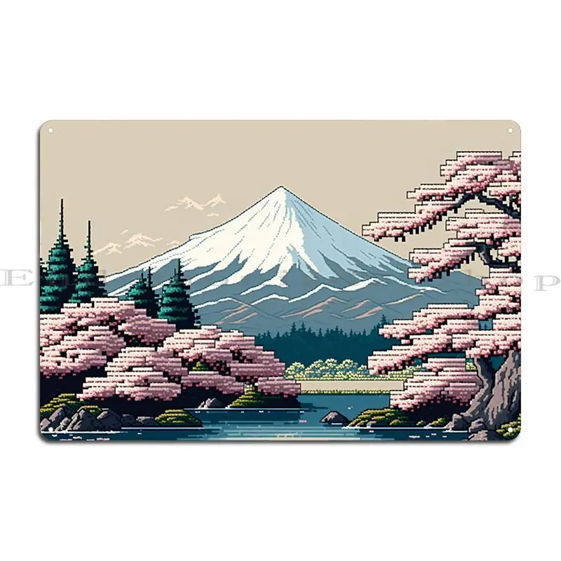 Mount Fuji Pixel Art 01 Metal Sign Bar Cave Wall Decor Wall Mural Cinema Create Tin Sign Poster