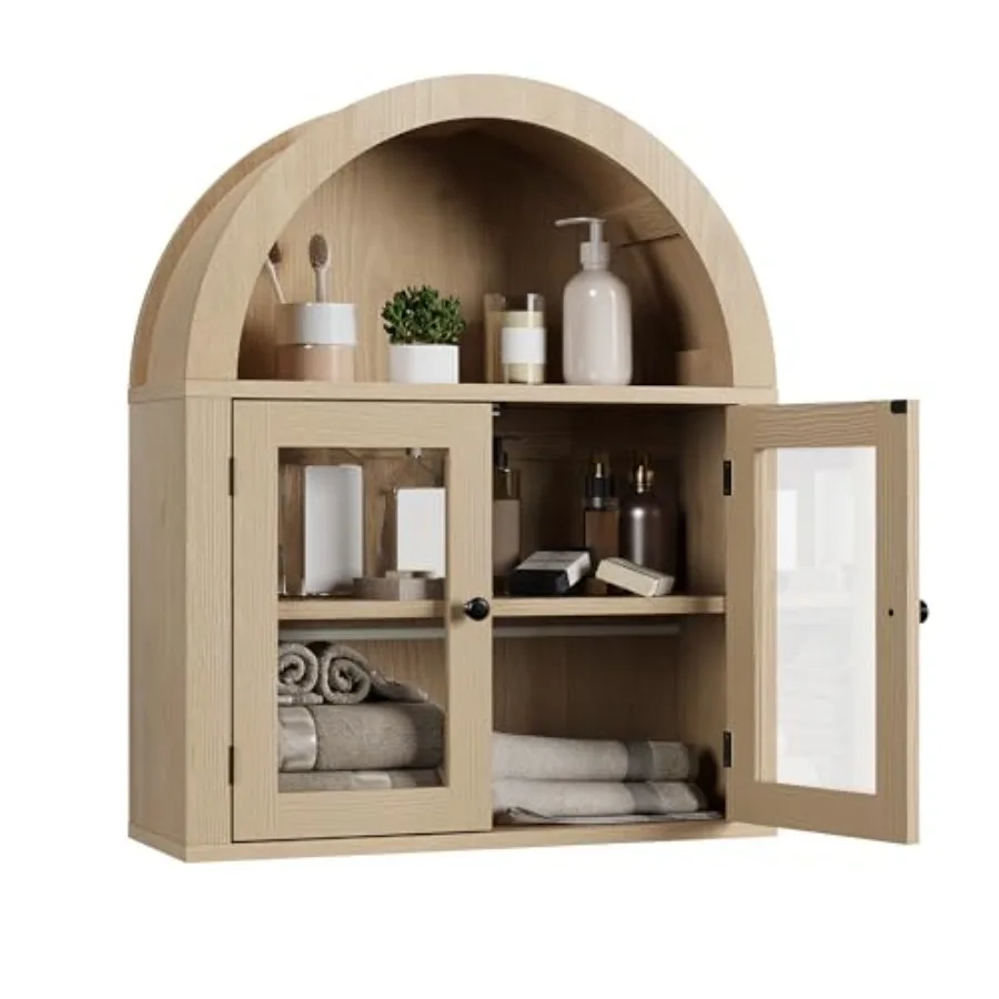 

Arched Wall Cabinet with Acrylic Doors, Bathroom Cabinet Wall Mount Over The Toilet with Display Shelf, Wooden Storage Cabinet