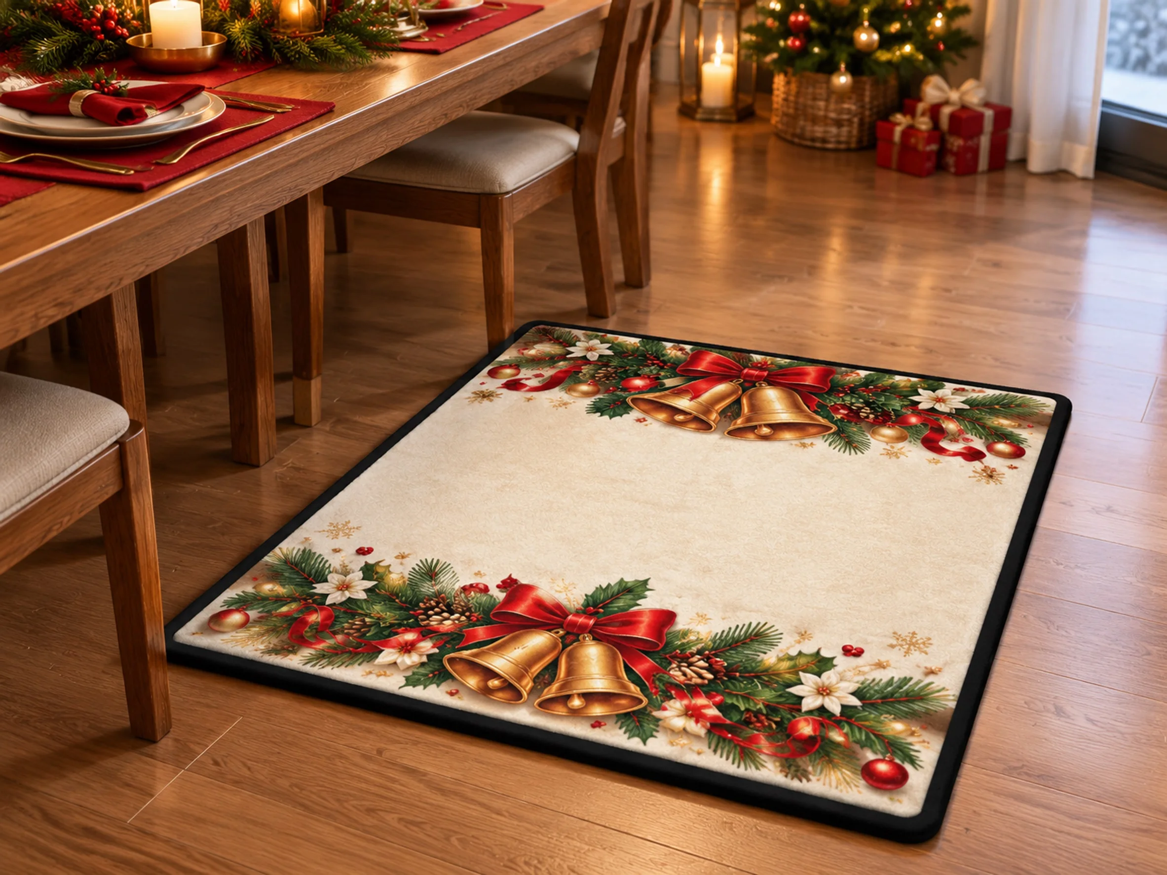 VIKAMA Christmas Cream Red Bell Flannel Door Mat, Washable Quick Dry Xmas Mat, Xmas Decor for Farmhouse, Entryway, Front Door