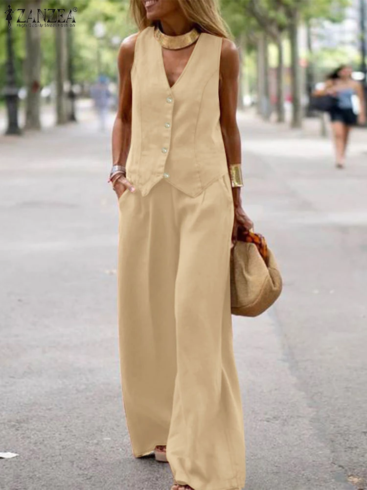 2PCS Summer Sleeveless Tops Trousers Suits ZANZEA 2025 Women Wide Leg Pant Sets Elegant Solid OL Work Tracksuit Casual Outfit