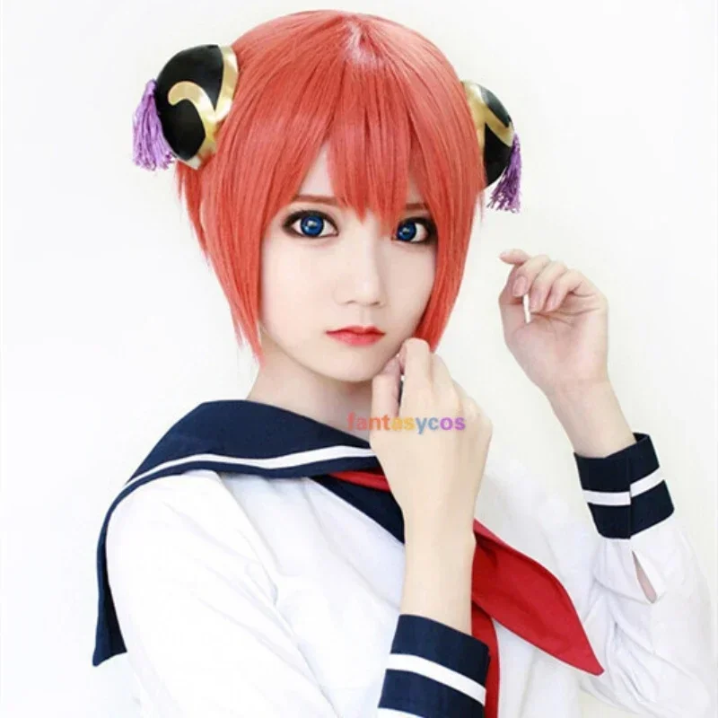 Kagura wig Gintama cosplay short orange wigs heat resistant synthetic hair Kagura headwear hair clips prop for Halloween costume