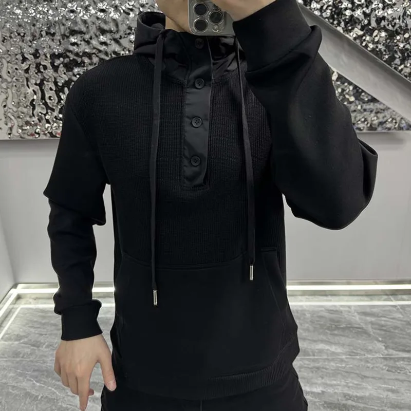 2023 Autumn Winter New European Men's Black Hooded Sweater Fashion Men's Slim Casual Men Long Sleeve Drawstring Pullover Top