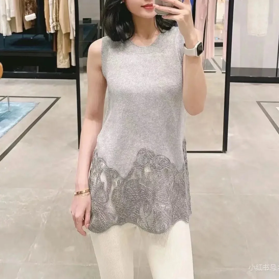 

Women Lace hem cashmere vest fashion casual sleeveless knit sweater