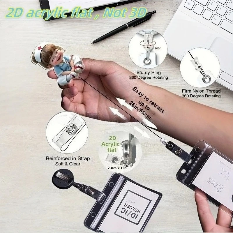 1 قطعة 2D شقة الكرتون ممرضة شارة بكرة الاكريليك معرف العلامة العمل تصريح كليب الصدر جيب معرف اسم تمرير حامل بطاقة العمل شارة بكرات #6