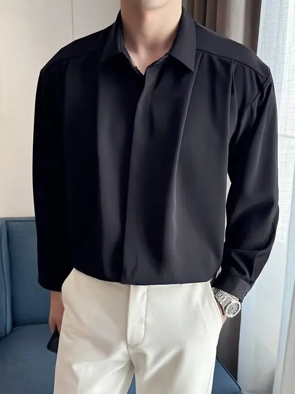 Korean Style Men's Long Sleeve Shirt Loose Fit White Pleated Design Cool And Handsome Hong Kong Style Casual Outerwear