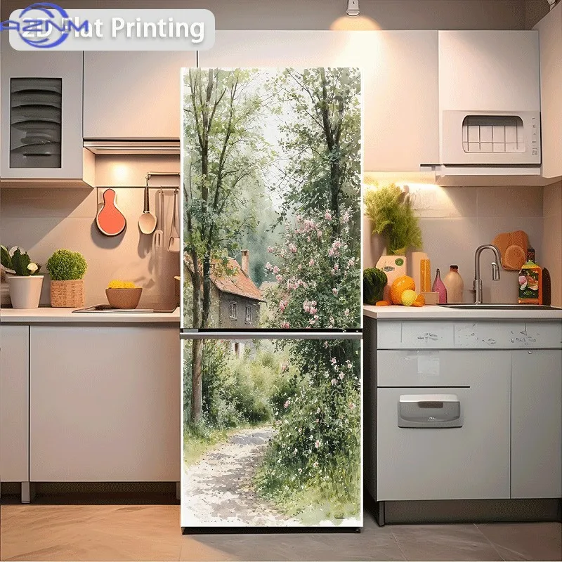 1pc 2D Printed Refrigerator Sticker, Country Lane Scenery Wall Decal, Self-Adhesive Wallpaper, Suitable for Cabinets and Wardr