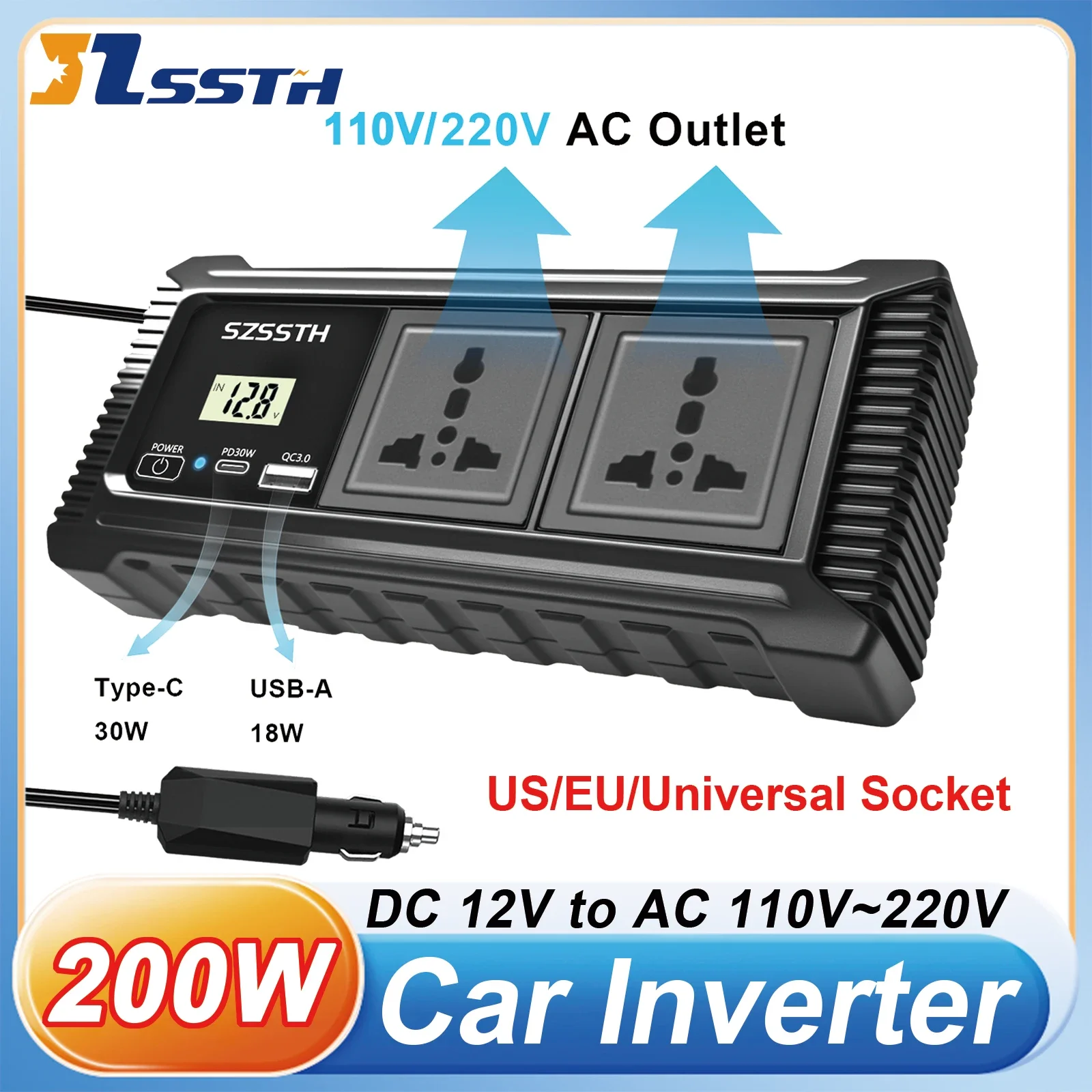 

200W Car Power Inverter DC 12V to AC 110V/220V Power Inverter Converter Car Cigarette Lighter Adapter Featuring Two Power Socket