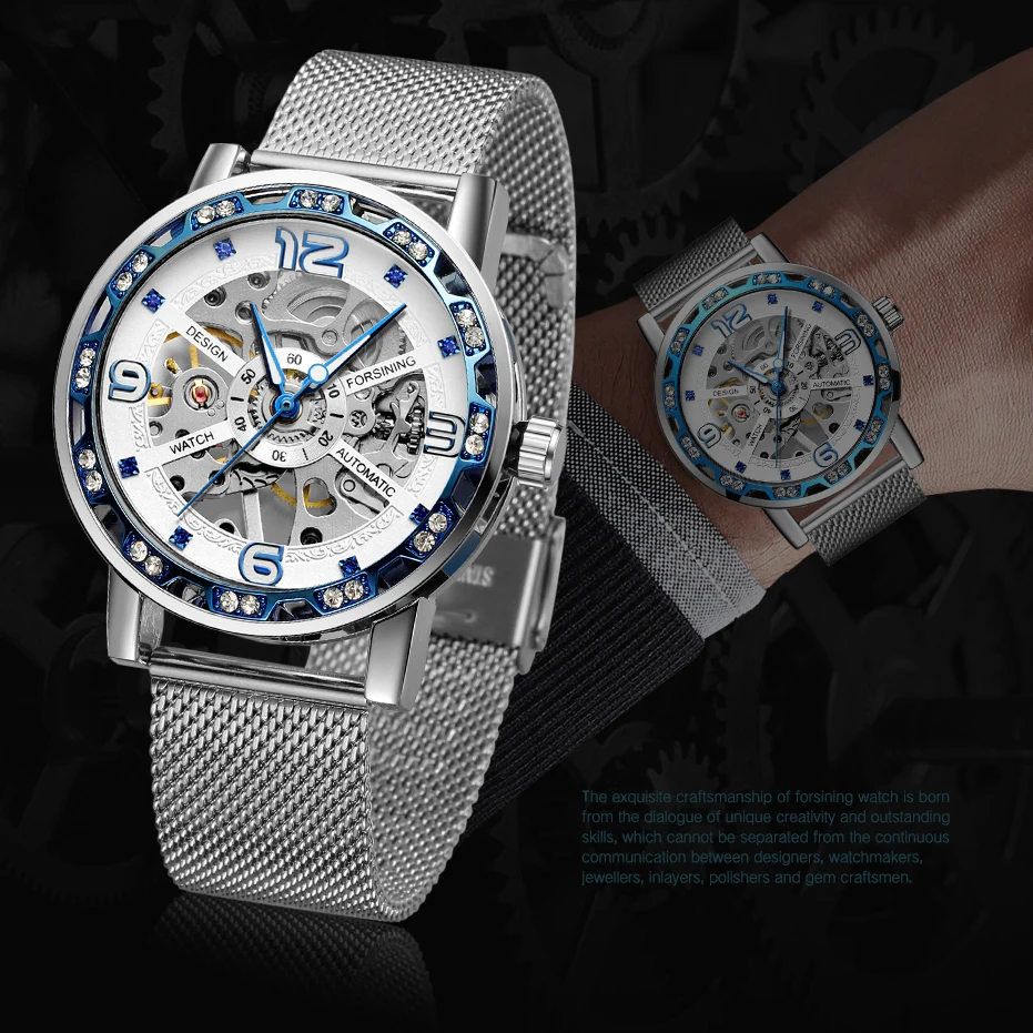 Forsining Fashion Diamant Gouden Sliver Skelet Mechanisch Horloge Rvs Mesh Lichtgevende Heren Horloges Zakelijk Polshorloge